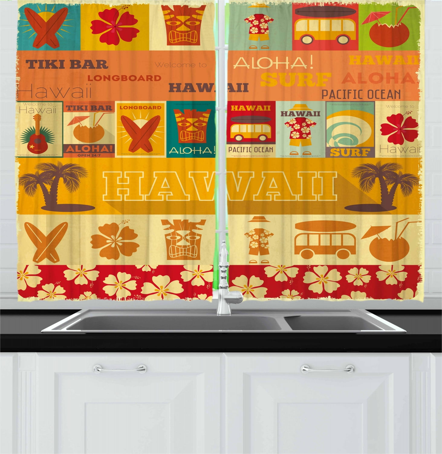 Tiki Bar Curtains 2 Panels Set Retro Travel Cards Collection