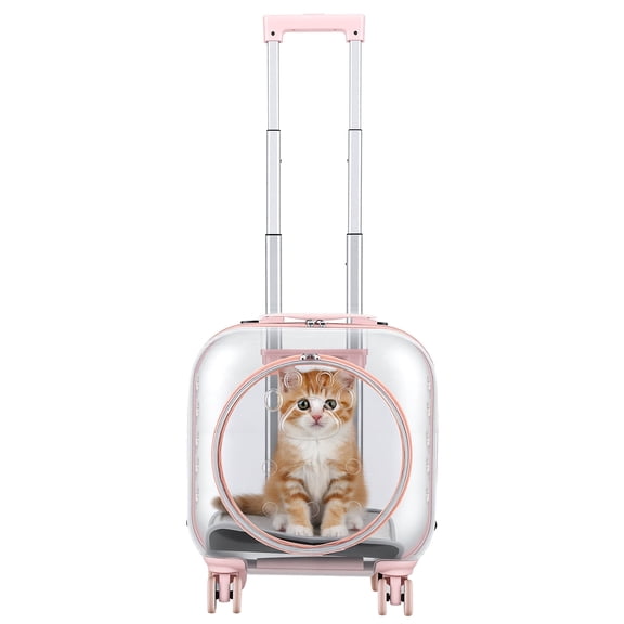 Plenkra Rolling Pet Carrier with Telescopic Handle & Shoulder Strap – Ventilated Travel Trolley with Quiet Wheels for Small Cats & Dogs, Outdoor Adventures & Camping (Pink)
