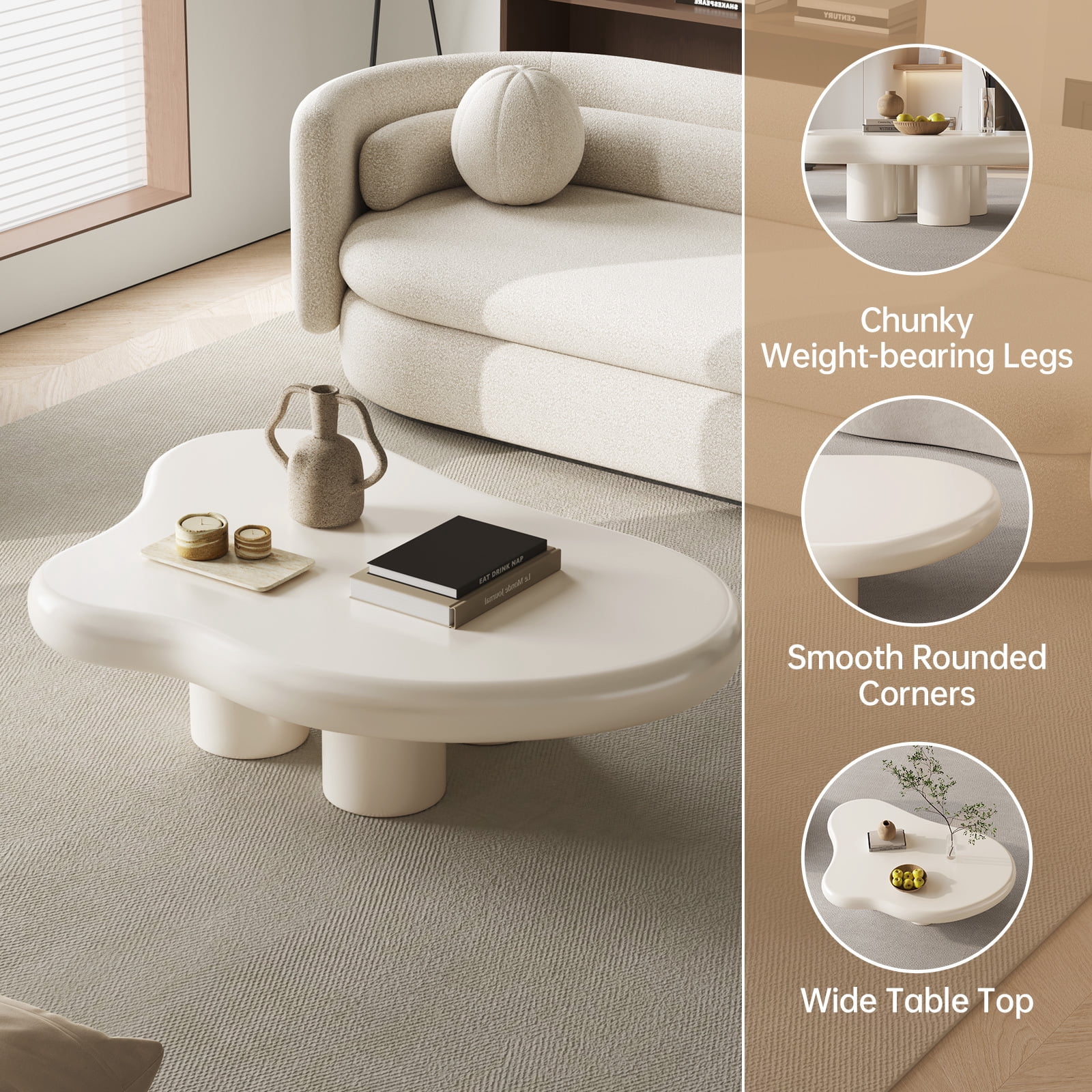 Guyii 41.02'' Cloud-Shaped Coffee Table with 4 Legs, Modern Wood Coffee Table for Living Room, Apartment, Cream White