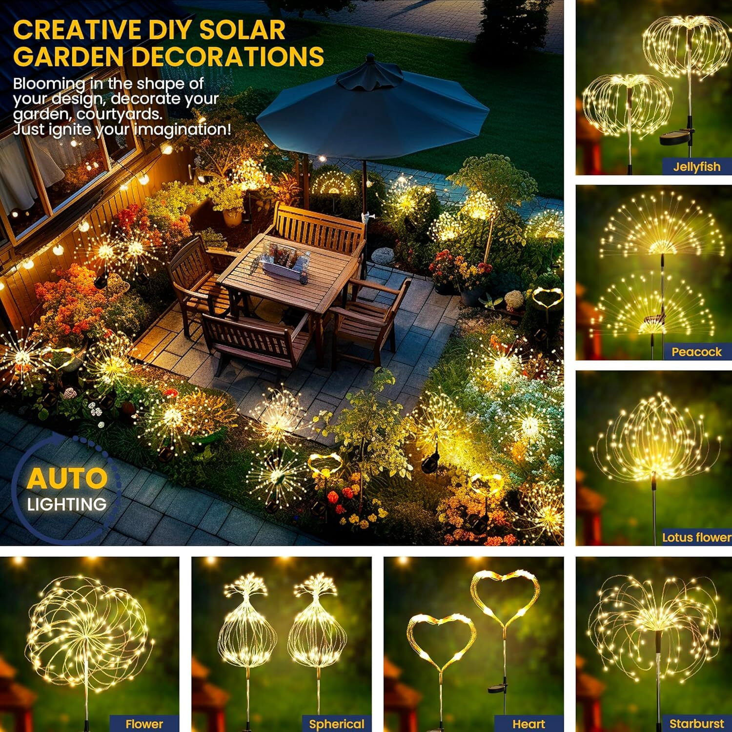 Outdoor Solar Garden Lights, 120 LEDs 8 Lighting Modes 2 Packs Waterproof Solar Fireworks Light Sparklers for Patio Walkway Yard Courtyards Pathway Christmas Party Decorations