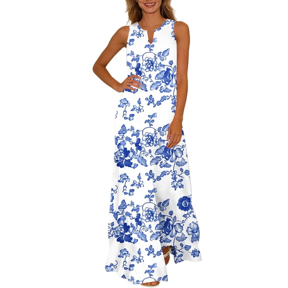Makaor Floral Dresses for Women Plus Size Shift Maxi Dresses Sleeveless V Neck Lounge Dress Multicolor 5XL