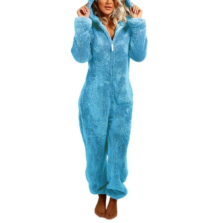 

KelaJuan Women Thick Plush Sleeping Romper with Bear Ear Hat Long Sleeve Zipper Hooded Jumpsuit for Autumn Winter