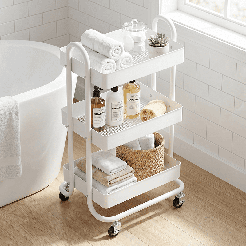 Fenbeli 3-Tier Metal Rolling Utility Cart with Wheels, White, 18"L x 13.4"W x 31"H