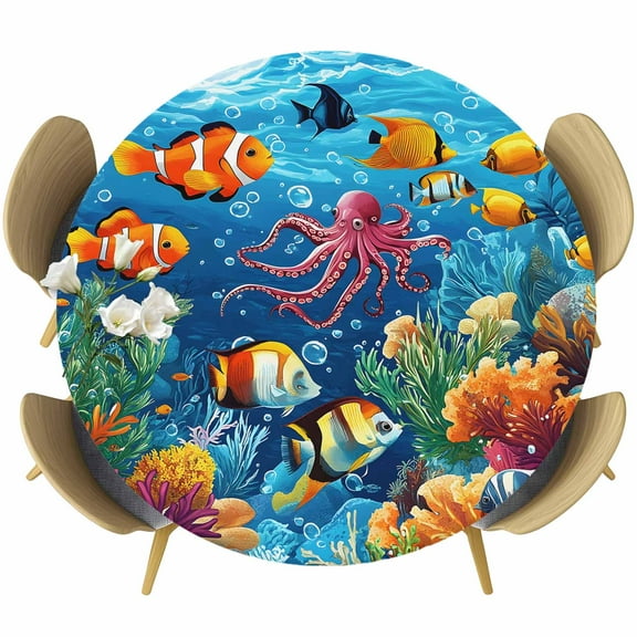 Ocean Marine Round Fitted Table Cover Life Tropical Fish Octopus Coral Underwater World Waterproof Table Cloth with Elastic Edge Wipeable Tablecloth for Picnic Camping Party Fits 36"-44" Diameter