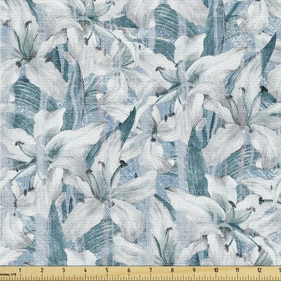 Ambesonne Cottage Floral Fabric by the Yard Upholstery, Greenery Leaves Art, 1 Yard, Teal Off White and Pale Grey