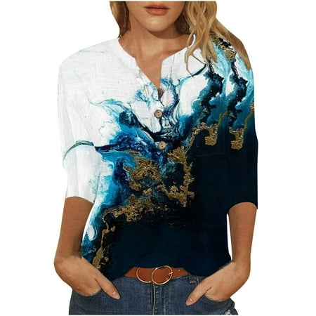 

Women’s 3/4 Sleeve Slim Pullover Tops Printed Button Crew Neck Comfy Shirts Summer Causal Tunic Top