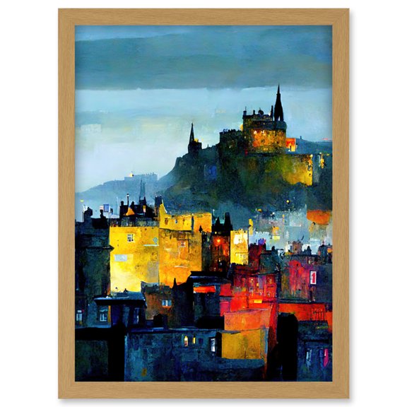 Colourful Modern Edinburgh Castle Cityscape Acrylic Painting Artwork Framed Wall Art Print A4