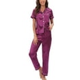 thumbnail image 3 of SWSMCLT Women's Satin Pajamas 2 Piece Pjs Summer Fall Button Pajama Set Soft Short Sleeve Pant Silky Lightweight Cool Spring Purple X-Large, 3 of 5