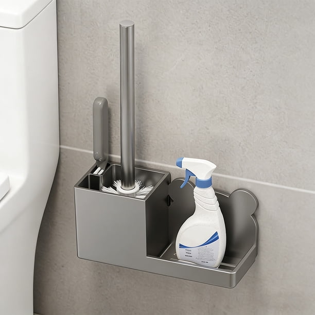 Cepillo de inodoro montado en la pared, sin taladro | Juego de limpieza de baño de plástico | Estantería integrada de rascador y almacenamiento | Base de drenaje | Negro, Blanco Gris | Organizador