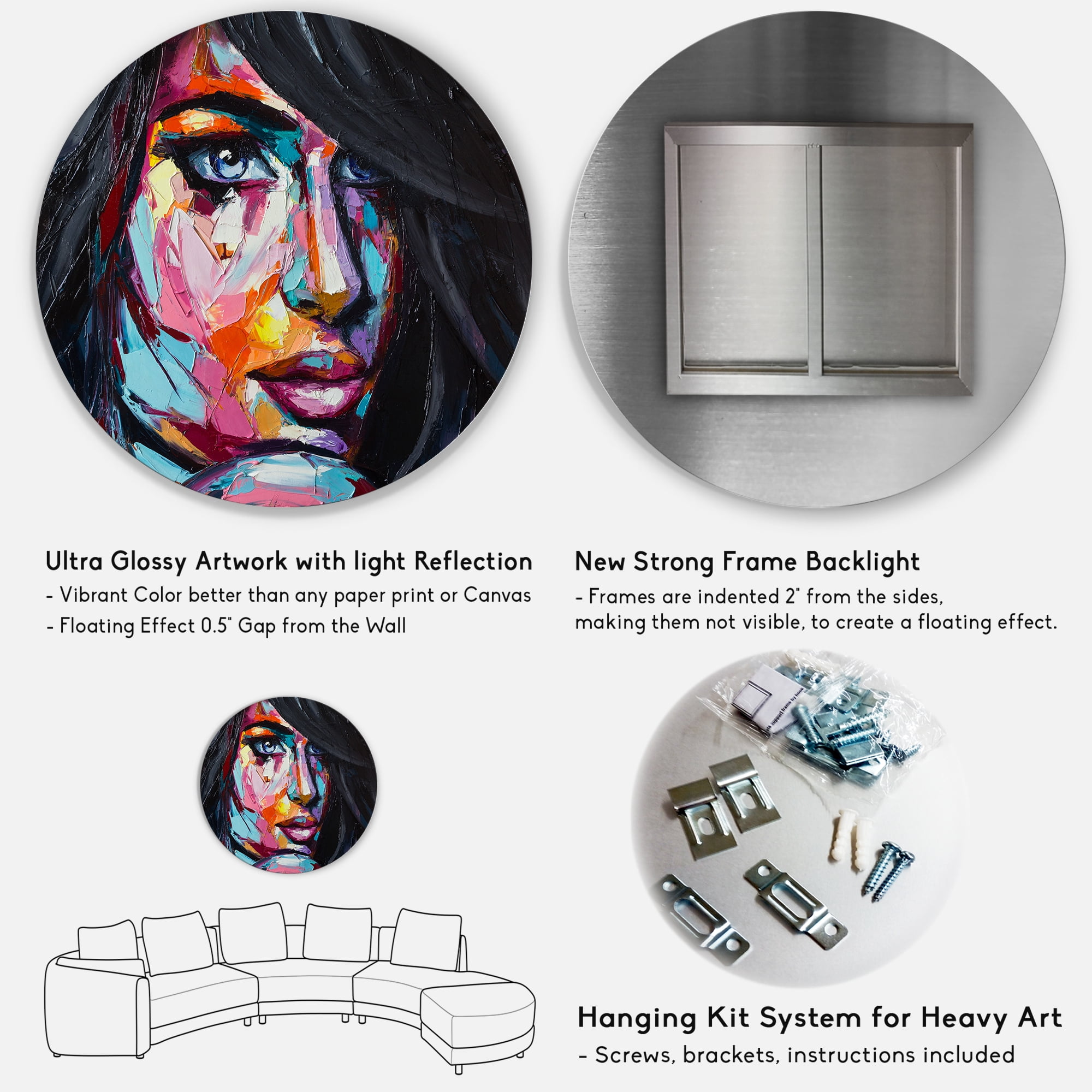 Designart 'Abstract Colorful Fantasy Portrait Of A Young Woman II' Modern Circle Metal Wall Art 11x11 - Disc of 11