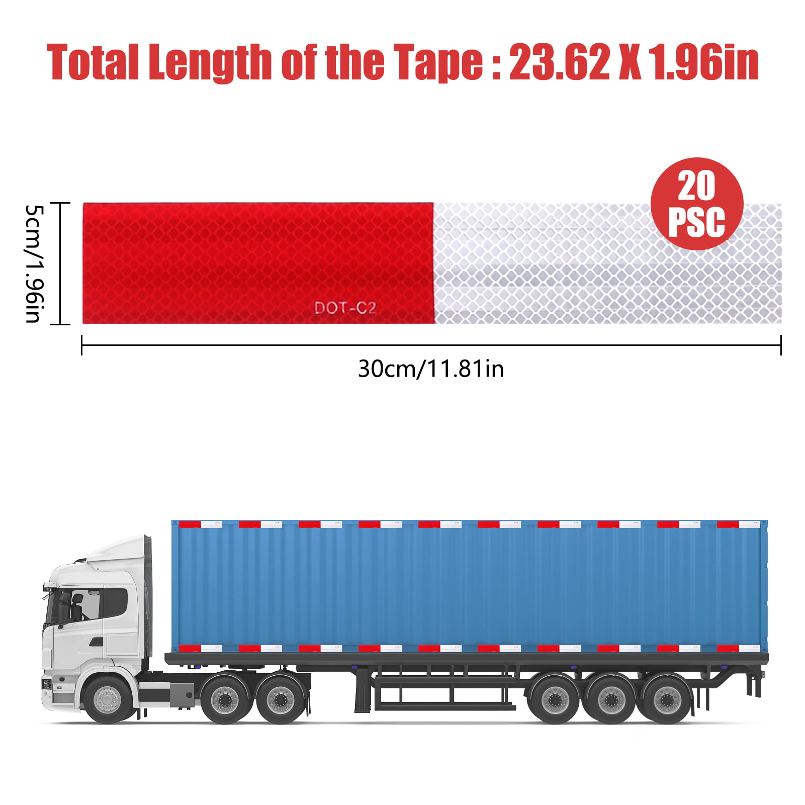 WAENLIR 2 inch x 160Feet Reflective Safety Tape DOT-C2 Waterproof Red and White Adhesive Conspicuity Tape for Trailer, Outdoor, Cars, Trucks