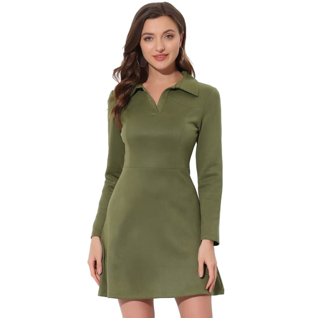 Vestido acampanado de manga larga con cuello de solapa de gamuza sintética para mujer Ejercito Verde S
