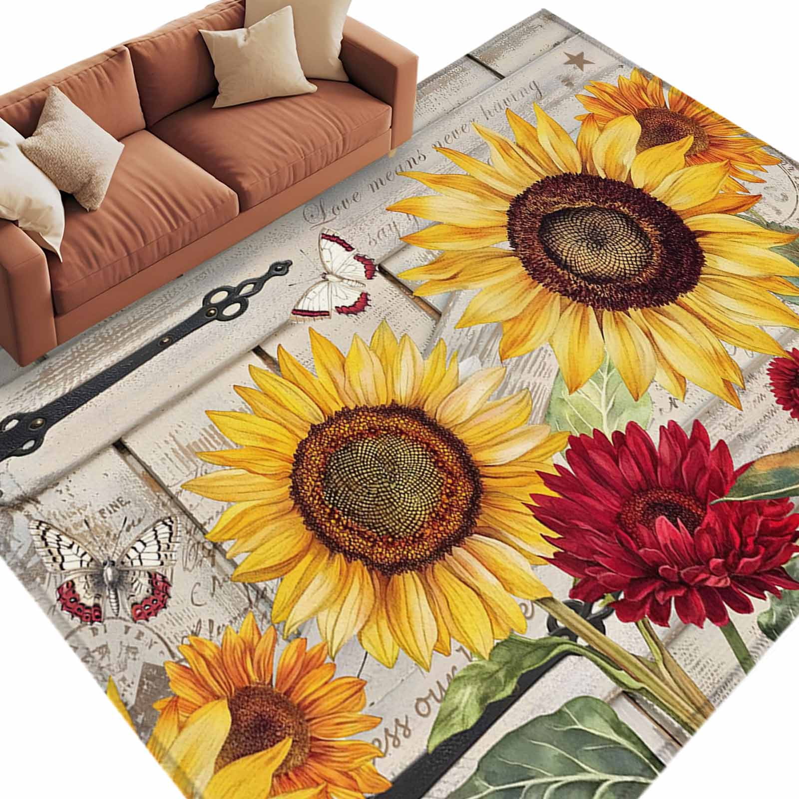 Rectangle Area Rugs 5 x 7 Ft, Red Yellow Sunflowers Non-Slip Residential Carpet, Retro Rustic Barn Doors Butterfly Brown Indoor Crawling Mats Runner Rugs for Living Room/Dining Room/Bedroom