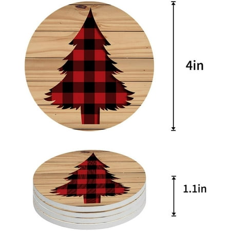 

KXMDXA Christmas Tree Red and Black Buffalo Check Plaid Set of 6 Round Coaster for Drinks Absorbent Ceramic Stone Coasters Cup Mat with Cork Base for Home Kitchen Room Coffee Table Bar Decor