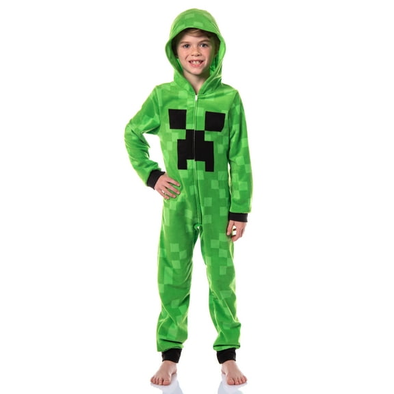 Minecraft Kids Fleece Creeper Hooded Union Suit Zip-Front Footless Sleeper Pajama