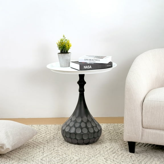 Christopher Knight Home Metal Accent Coffee Table with Hand-Hammered Pedestal Base & Round Top, White Black