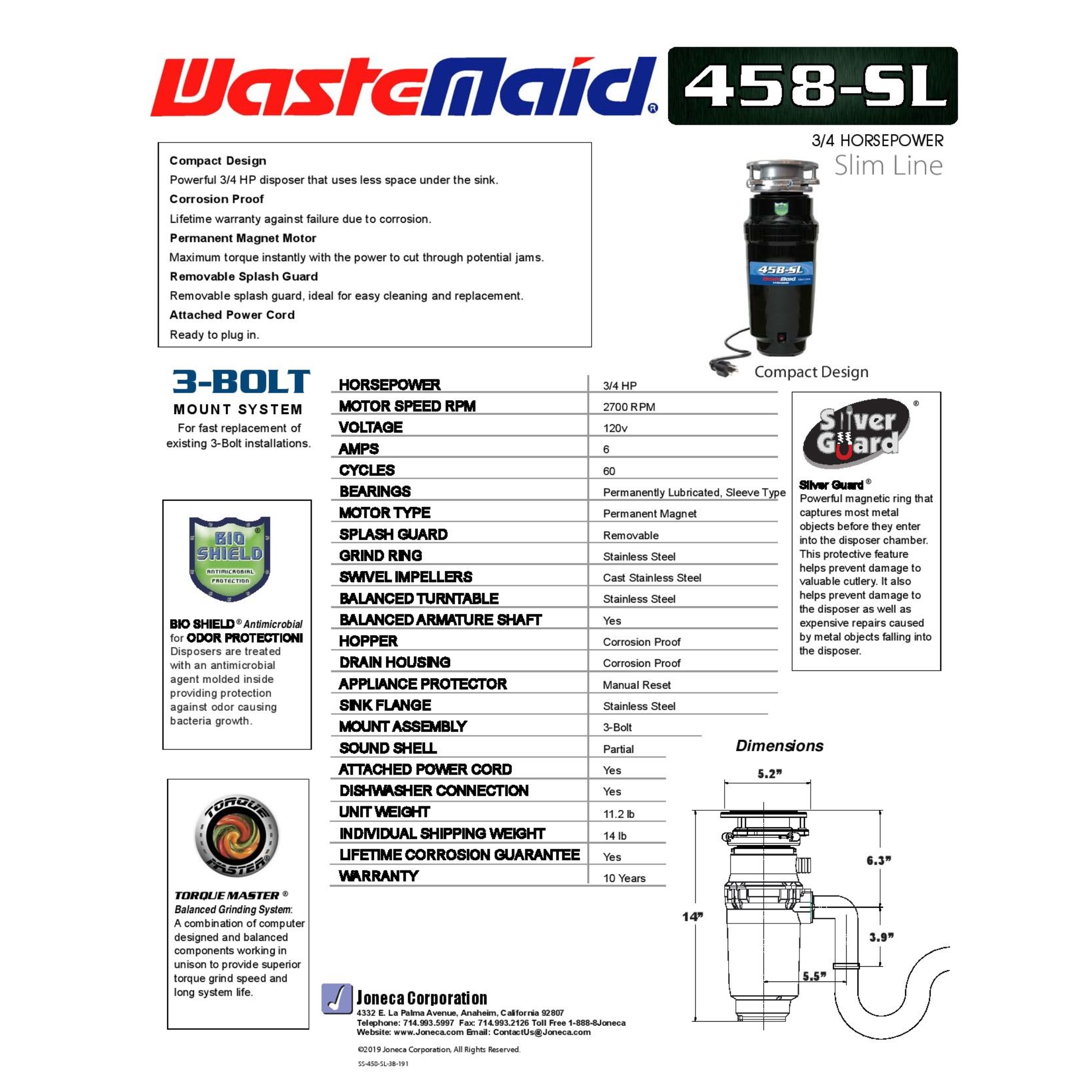 Waste Maid Kitchen Garbage Disposal, 3/4 HP, Slim Line, Black 10-US-WM-458- SL-3B
