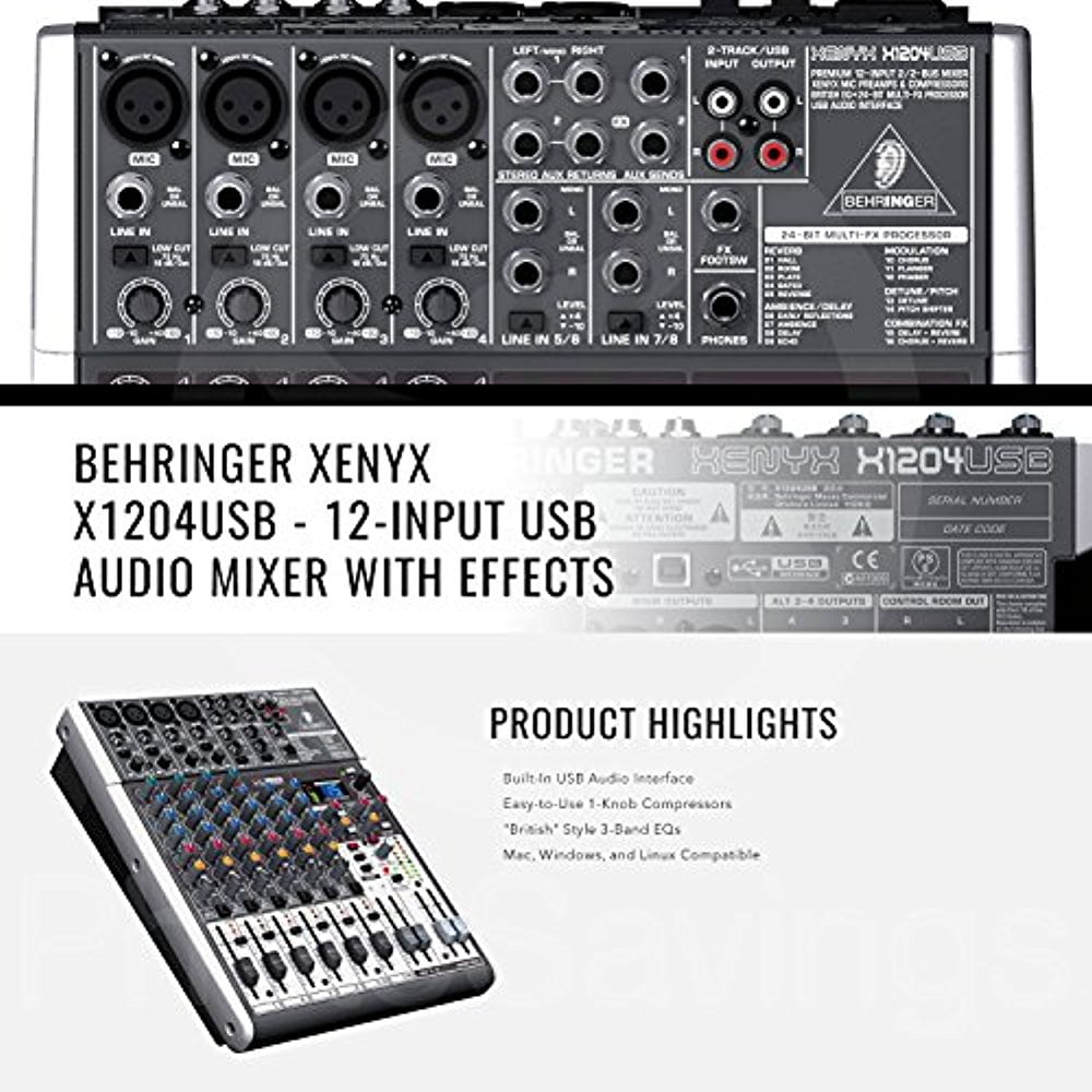 Closed-Back Headphones and Platinum Bundle Behringer XENYX X1204USB 12-Input USB Audio Mixer with Effects and Dynamic Microphone 