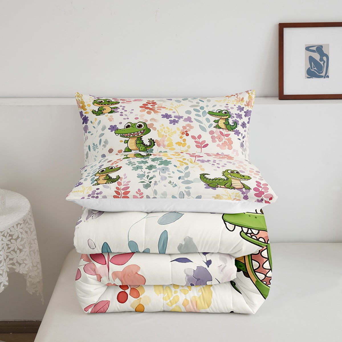 Kawaii Crocodile Bedding Set Twin Size,Cartoon Crocodile Flower Comforter Set,Cute Colorful Floral Quilt Bed Set Wildlife Animal Down Comforter with 1 Pillowcase
