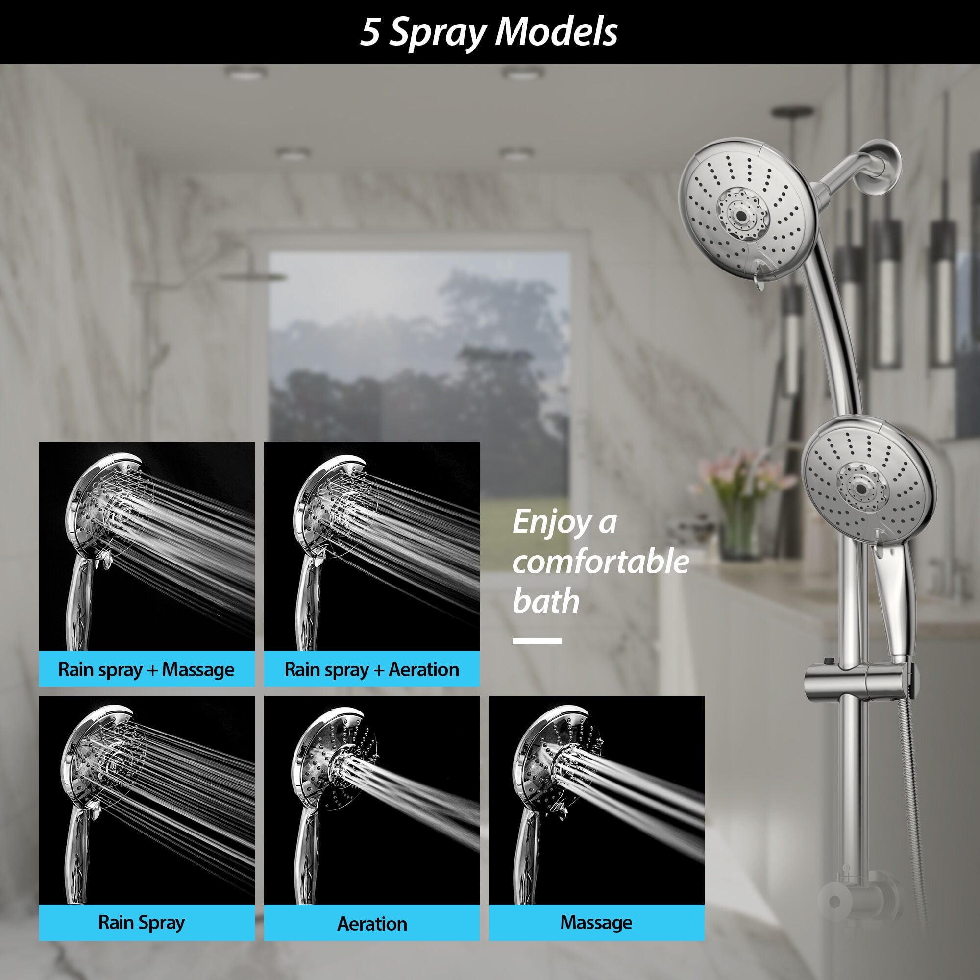 Freestanding Bathtub Faucet, 5" Multi Function Dual Shower Head, with Adjustable Slide Bar,, Freestanding Tub Filler,Plastic Standalone Tub Faucet, Bath & Faucets Freestanding Tub Faucets