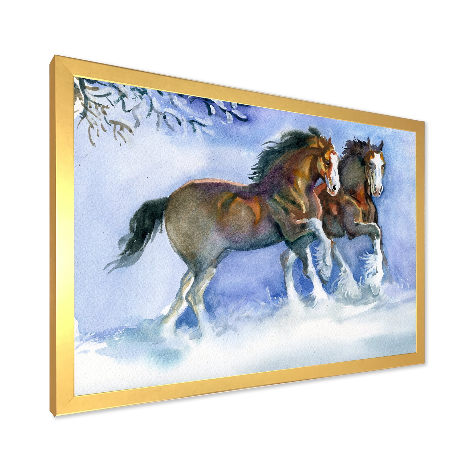 Designart 'Horses Running In Winter On Blue' Farmhouse Framed Art Print