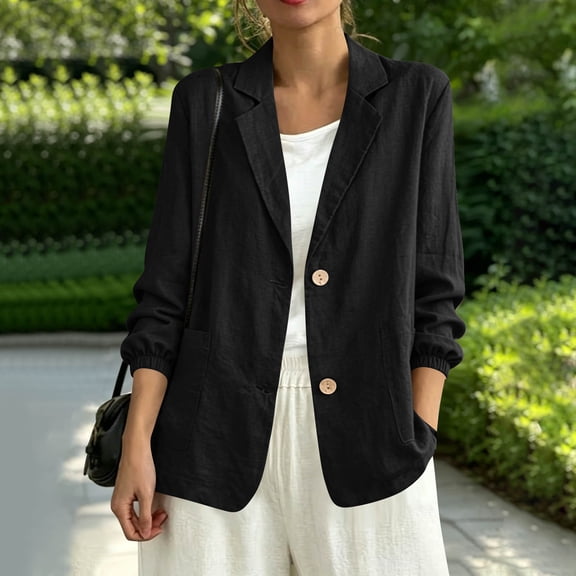 Snorda Linen Blazer for Women Button Up Long Sleeve Blazer With Elastic Cuffs and Pockets Loose Lightweight Casual Jacket Breathable Outerwear for Fall Daily Layering Outfits Office Looks