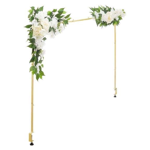 KFFKFF Adjustable Over-the-Table Rod Stand with Clamps, 28"-98" Length & 13"-42" Height, Table Arch Frame with Floral Accessories, Gold Balloon Holder for Wedding, Birthday, and Holiday Decorations