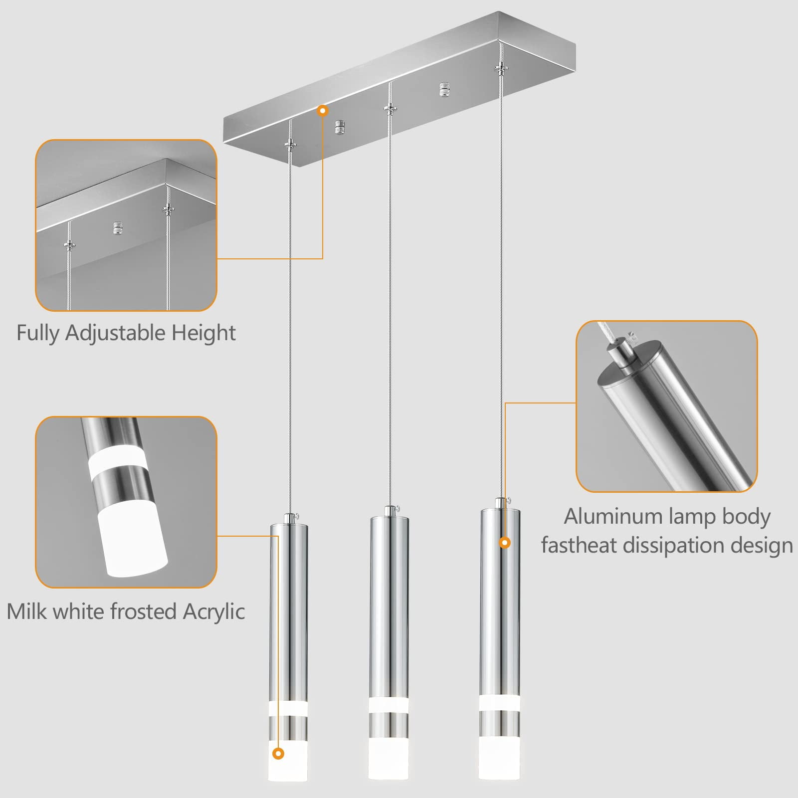 ZHLWIN 3-Light Modern Pendant Light Kitchen Fixture with Dimmable LED Chrome Mini Pendant Lighting for Diningroom Kitchen Island Study