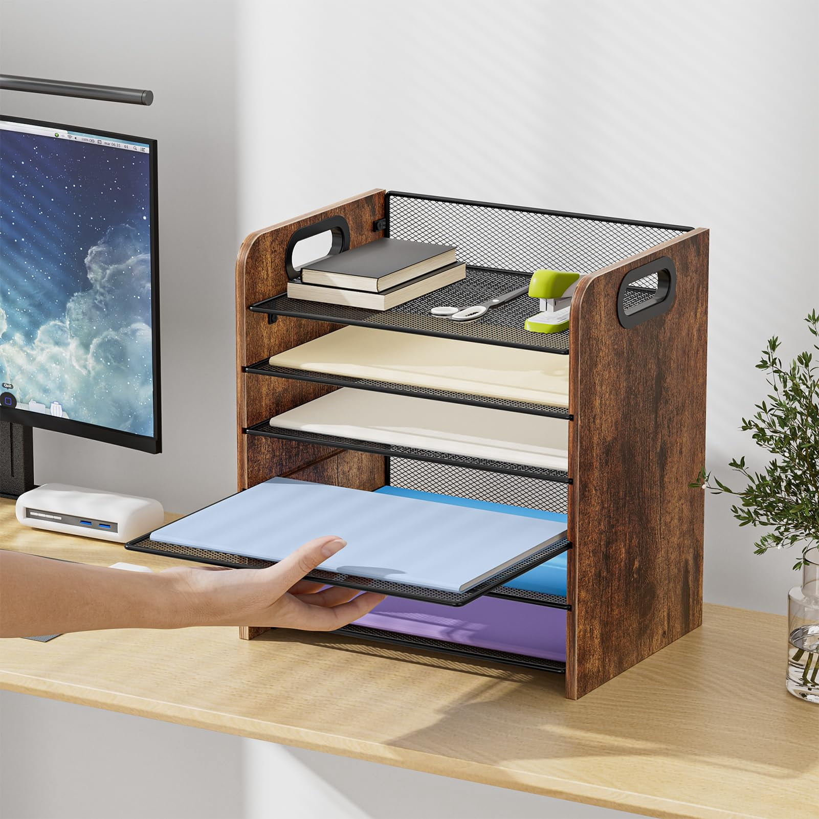 Marbrasse 6-Tier Wooden and Metal Mesh Desk Organizer with Handles, Office Paper Tray Letter Organizer for Home or Office