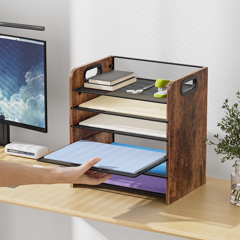 6-Tier Wooden and Metal Mesh Desk Organizer with Handles photo 2