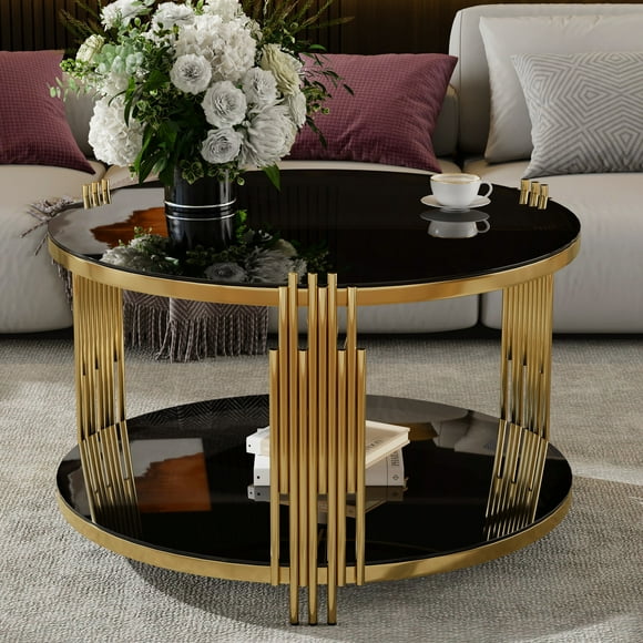 MODERNLUXE Modern Mirror Coffee Table, 31.5" Round End Table Side Table with Lower Shelf and Metal Frame,Black