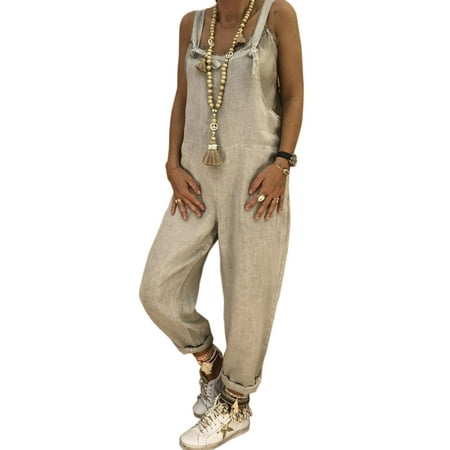 - Jumpsuit Pants Women Loose Cotton Linen Strap Harem Trousers Ladies Casual Overalls Baggy Dungaree Romper Long Trouser