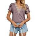 thumbnail image 3 of Womens Classic Tees Short Sleeve Summer Tops Lace V Neck Loose Fit Henley Shirts Casual Blouse, 3 of 6