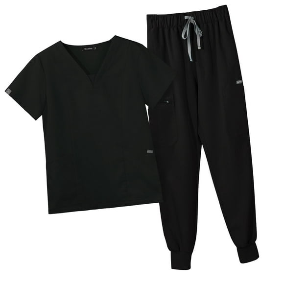Female Scrub Set with Pockets Durable Nurse Portable V Neckline Casual Suit Black Color M