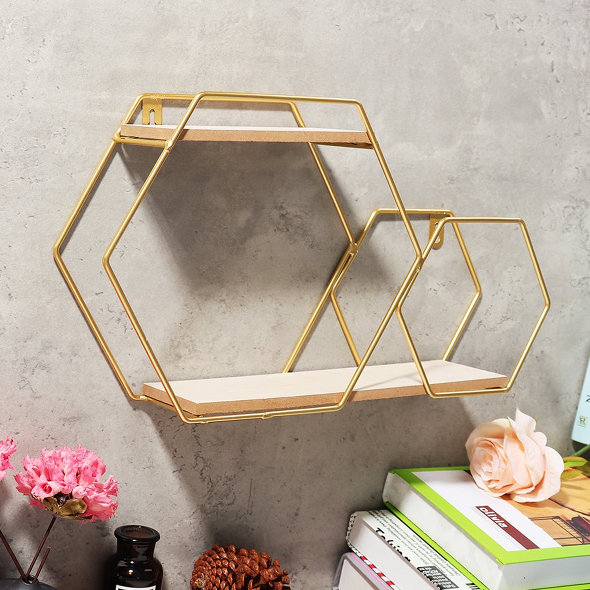 2Tier Hexagon Wall Mounted Hexagonal Floating Shelves Storage Shelves