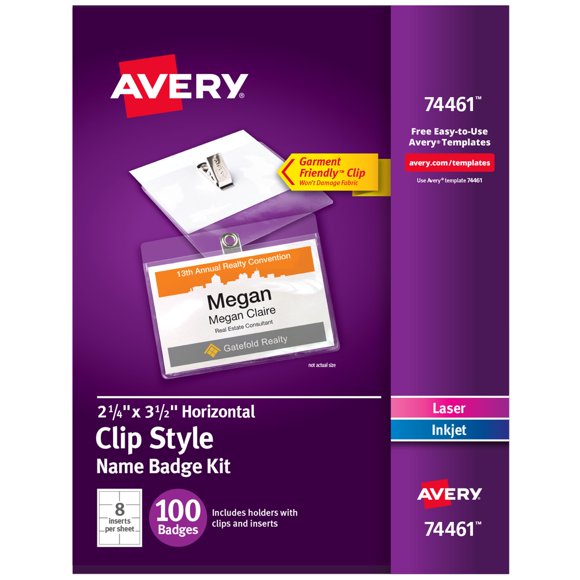 Insignias identificativas AVERY personalizables con clips, 100 unidades (74461)