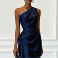 thumbnail image 2 of Morttic Women's Solid Color Ruched Waist One Shoulder Midi Dress – Elegant Satin Sleeveless Cocktail Gown Navy Blue，L, 2 of 4