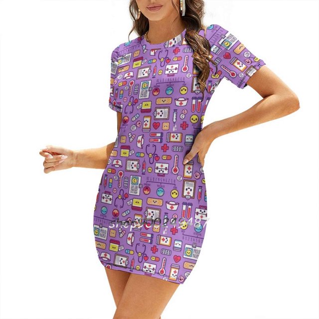"Fier d'Tre Infirmière" Motif / Robe à Encolure Carrée Violette Robe d'Été Douce Robe Élégante à Imprimé Halter Infirmière Fière