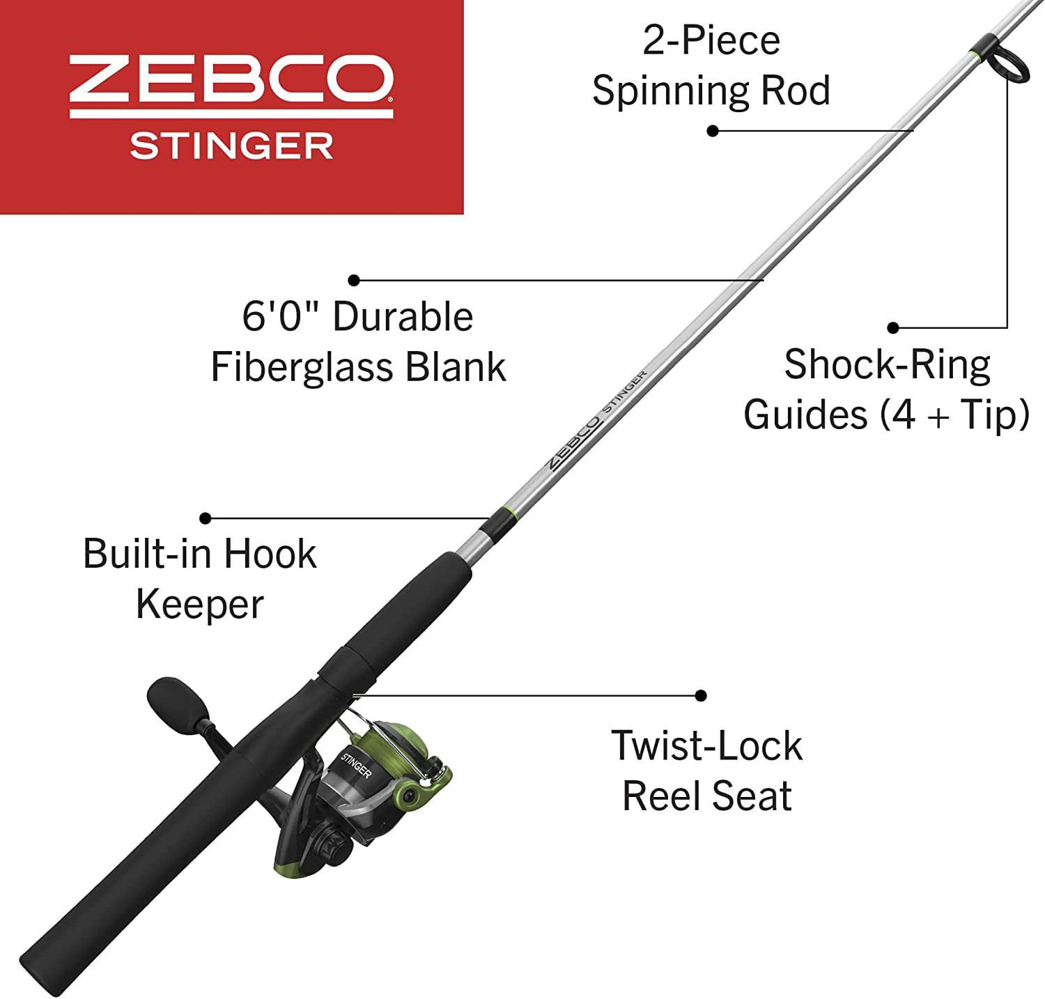 Zebco Stinger Spinning Reel and Fishing Rod Combo, 6-Foot 2-Piece  Fiberglass Fishing Pole, EVA Rod Handle, Size 20 Reel, Changeable Right- or  Left-Hand Retrieve, Built-In Hook Keeper, Silver/Black 