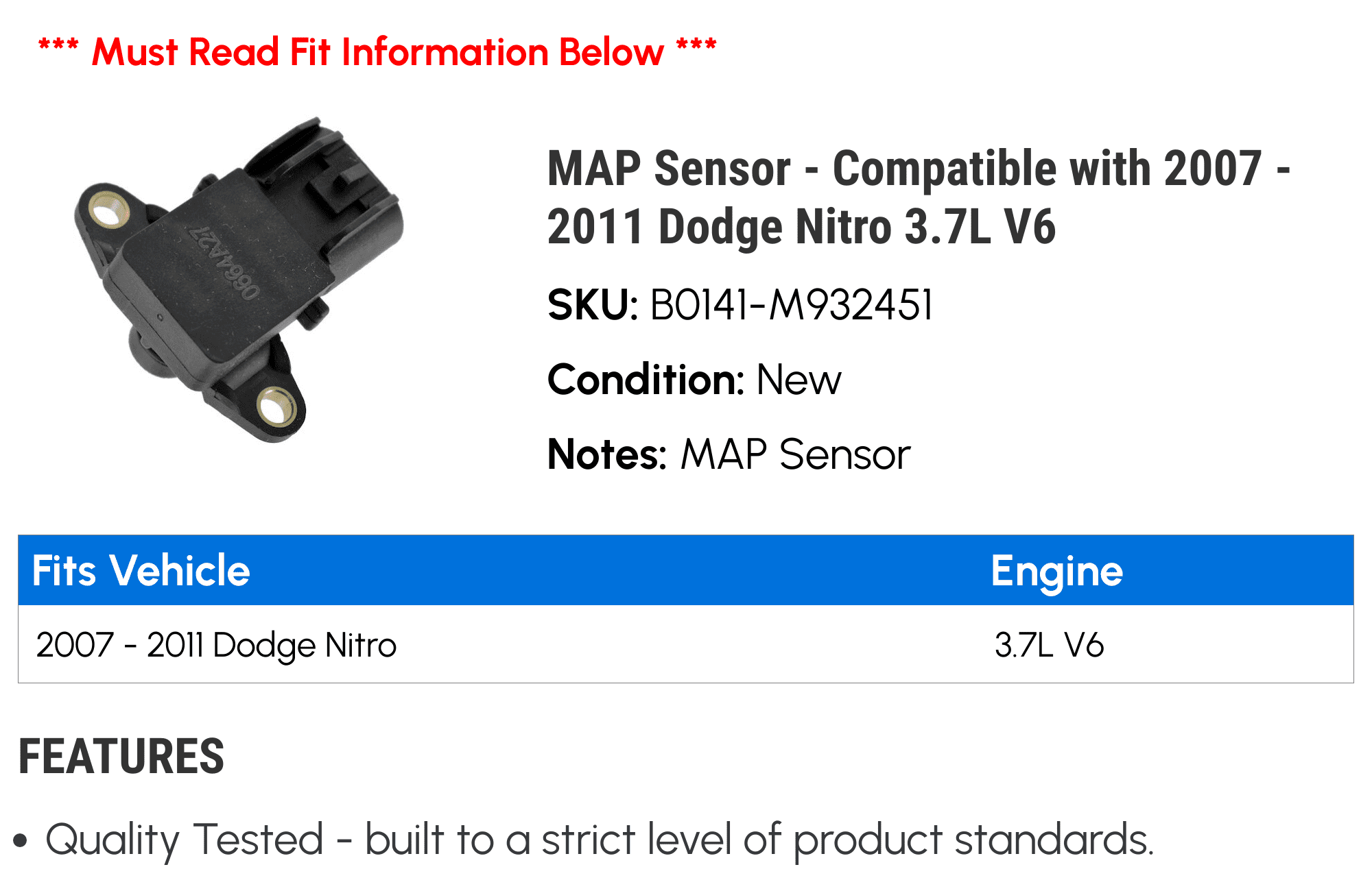MAP Sensor - Compatible with 2007 - 2011 Dodge Nitro 3.7L V6 2008 2009 2010