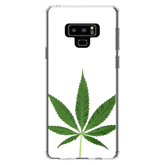 DistinctInk Clear Shockproof Hybrid Case for Samsung Galaxy Note 9 - TPU Bumper, Acrylic Back, Tempered Glass Screen Protector - Marijuana Leaf Photo
