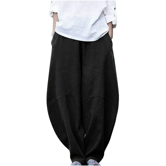 QUYUON Womens Pants for Work Casual Loose Pocket Pants Fashion Playsuit Trousers Overalls Cotton and Linen Pants Comfy Work Pants Women Full Pant Leg Length Track Pants Pant Style N-131 Black M