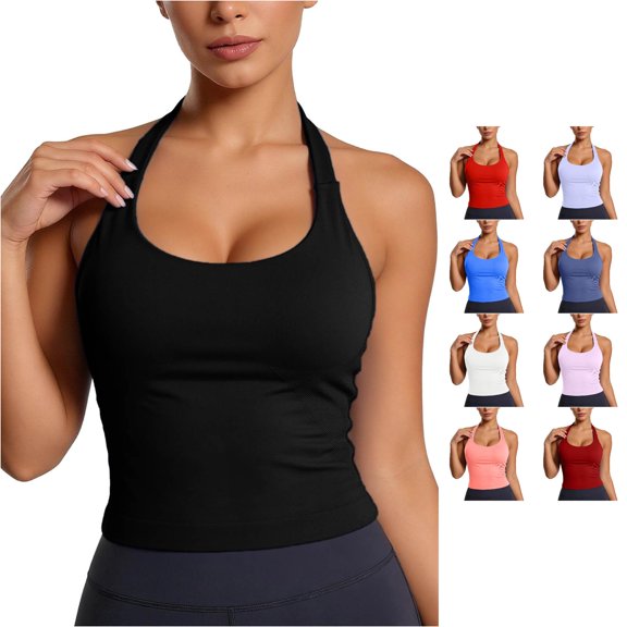 Rhuody Women Tank Tops Halter Neck Top Round Neck Workout Yoga With Built In Bra Racerback Athletic Camisole Classic Clothes 3Xl Black