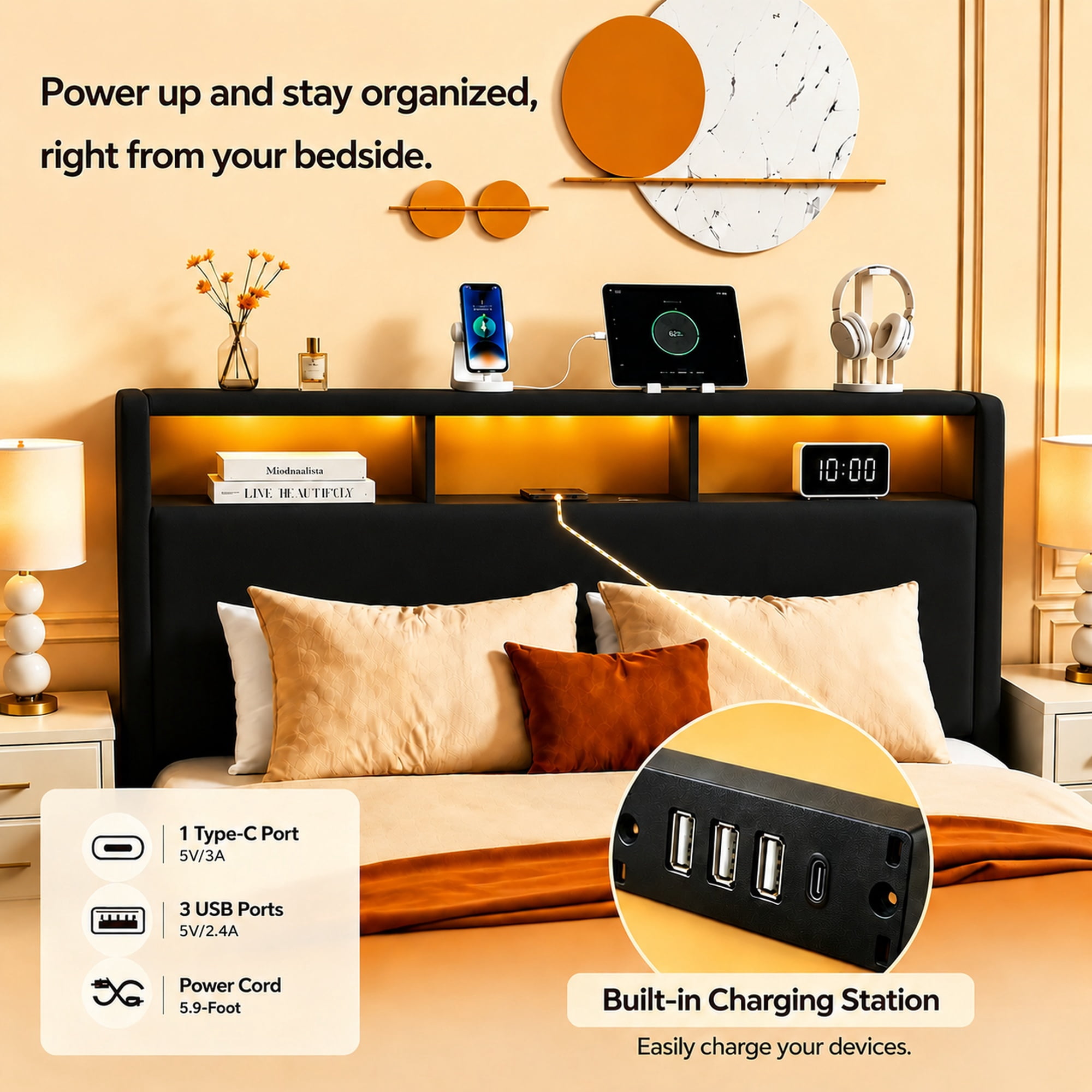 Mintazer Queen Size Upholstered Platform Bed Frame with LED Light & Charging Station, Modern Platform Bed Frame with Storage Headboard and Under Bed Drawer, No Box Spring Needed, Black