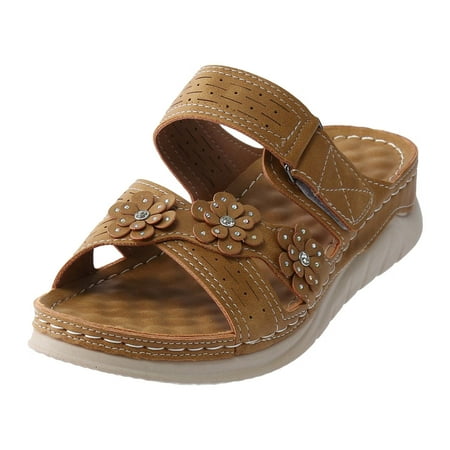 

sandals for Women Fashion Summer Women Sandals Wedge Heel Platform Cross Strap Open Toe Rhinestone Massage Insole Flower PU Dress Sandals for Women Khaki