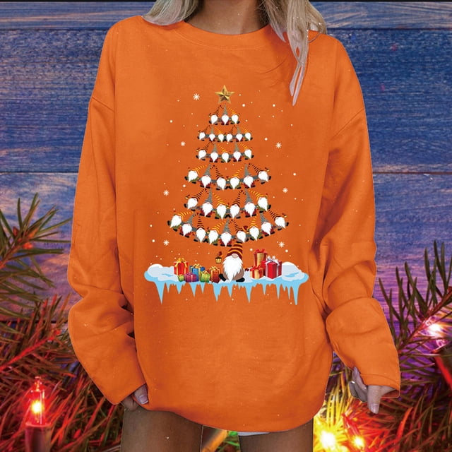 Hauts Décontractés pour Femmes Col Rond Imprimé Arbre de Noël Neige Manches Longues Blouse