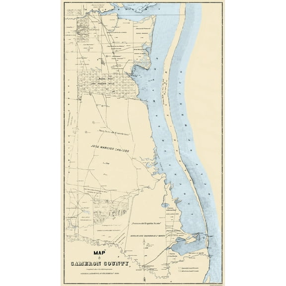 Historic County Map - Cameron County Texas - Langermann 1880 - Vintage Wall Art