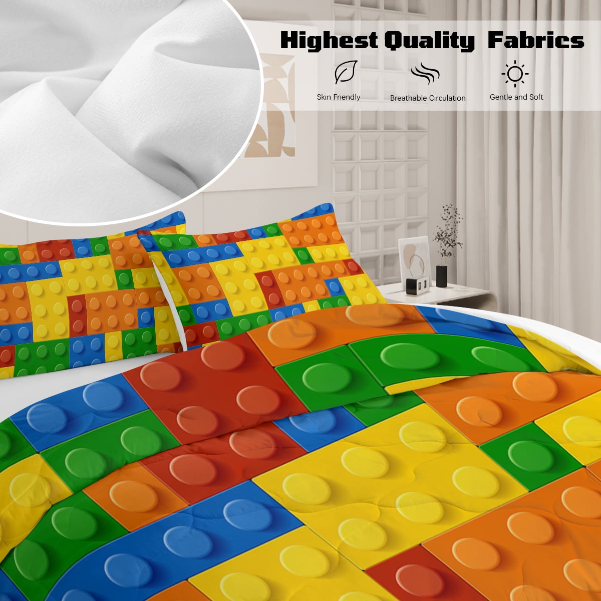 BlessLiving Kids Comforter Set, 3-Piece Colorful Blocks Yellow Cubes Bedding Sets for Boys, Full Size