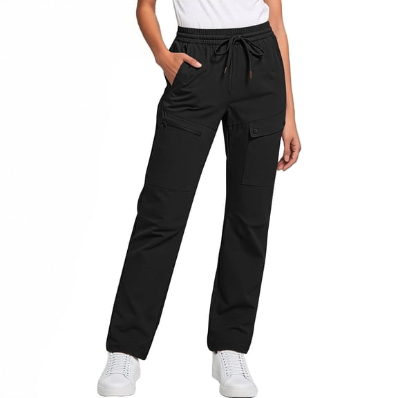 WMTBSRSW Womens Straight Leg Cargo Pants Lightwieght High Waisted Drawstring Pants Comfy Hiking Travel Trousers with Pockets Black X-Large