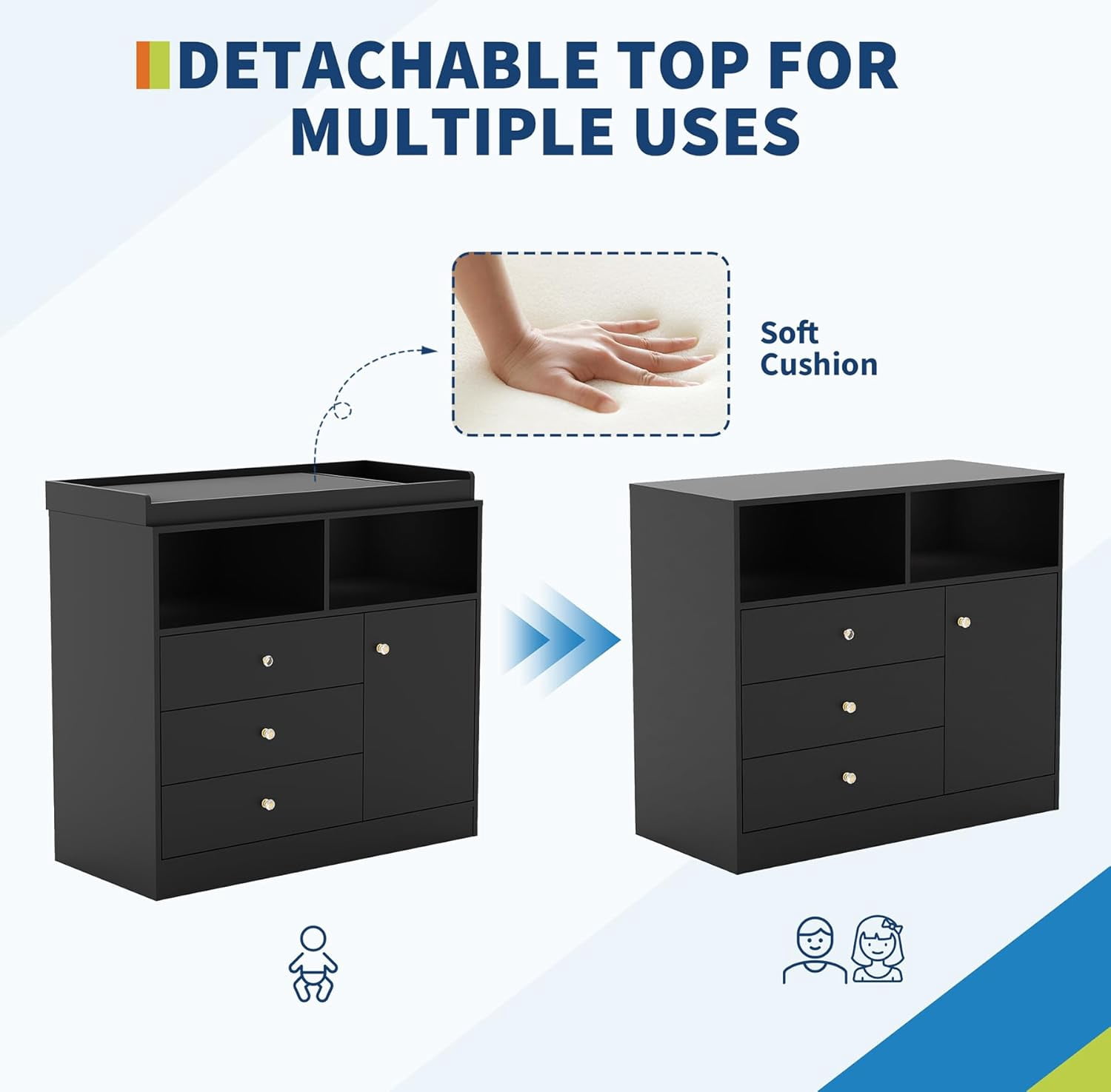 EastVita Dresser with Changing Table Top Changing Station with 3 Drawers Cabinet 2 Open Compartments Changing Table Dresser for Nursery Bedroom